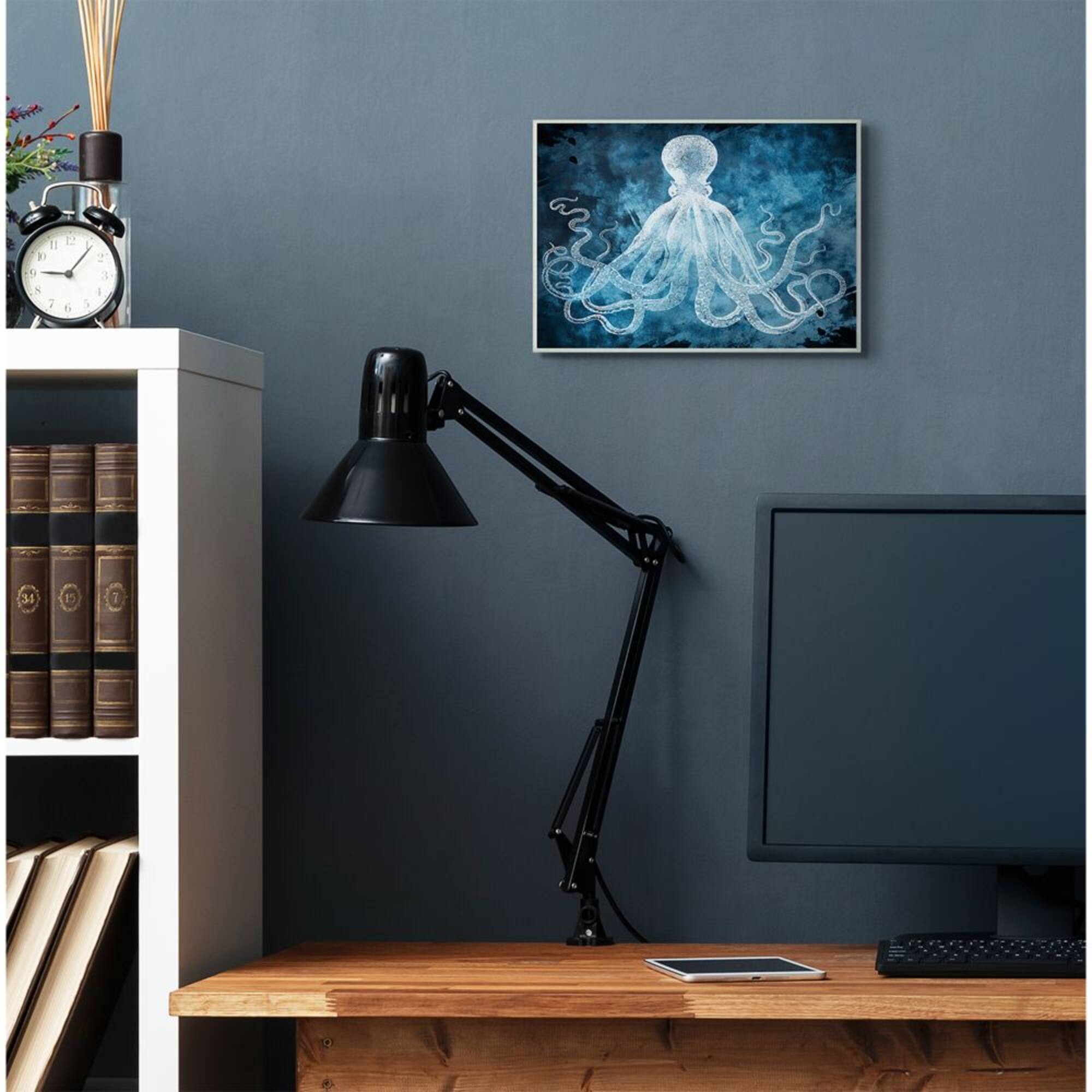 Stupell Industries Underwater Octopus Tentacles Blue White Nautical Design Wood Wall Plaque